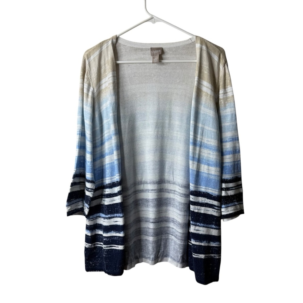 Chicos Beige Blue Ombré Striped 3/4 Sleeve Lightweight Cardigan 2